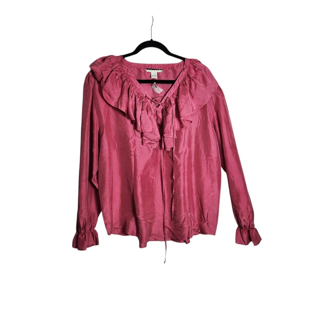 Studio Silk New York Magenta Pink 100% Silk Ruffle Lace Up Blouse Small